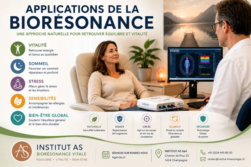 Applications de la biorésonance pour la vitalité, le sommeil, le stress et le bien-être global avec la technologie Vitatec.