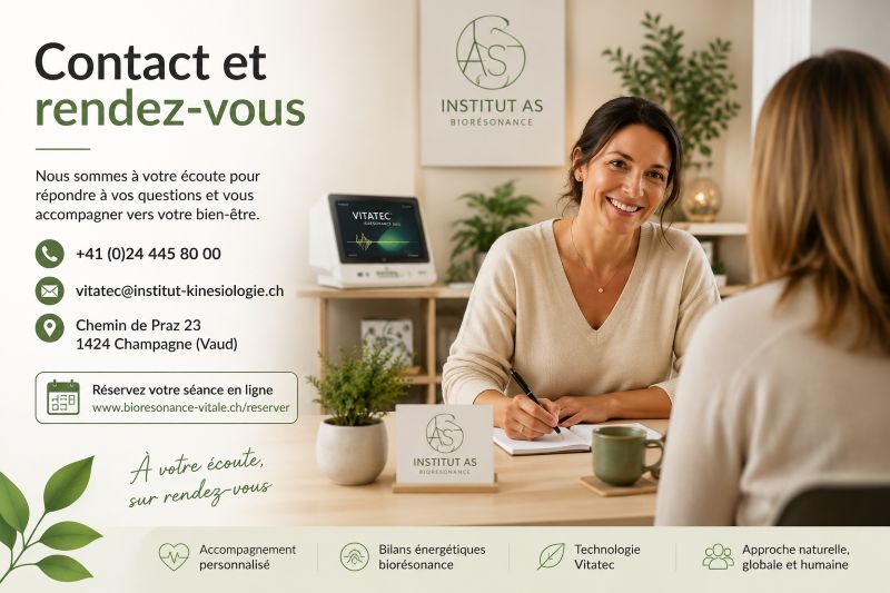 Contact et rendez-vous en biorésonance à Champagne Contact et prise de rendez-vous pour une séance de biorésonance à l'Institut AS à Champagne dans le canton de Vaud.