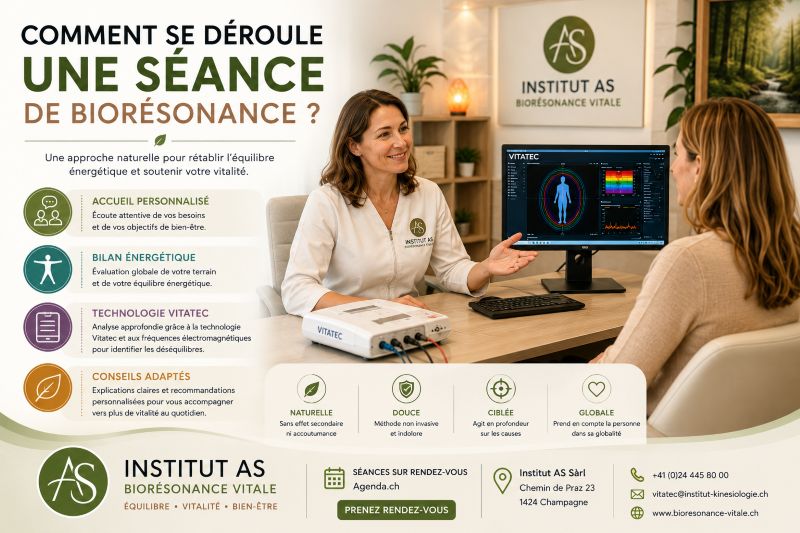 Déroulement d'une séance de biorésonance avec bilan énergétique et technologie Vitatec à l'Institut AS.