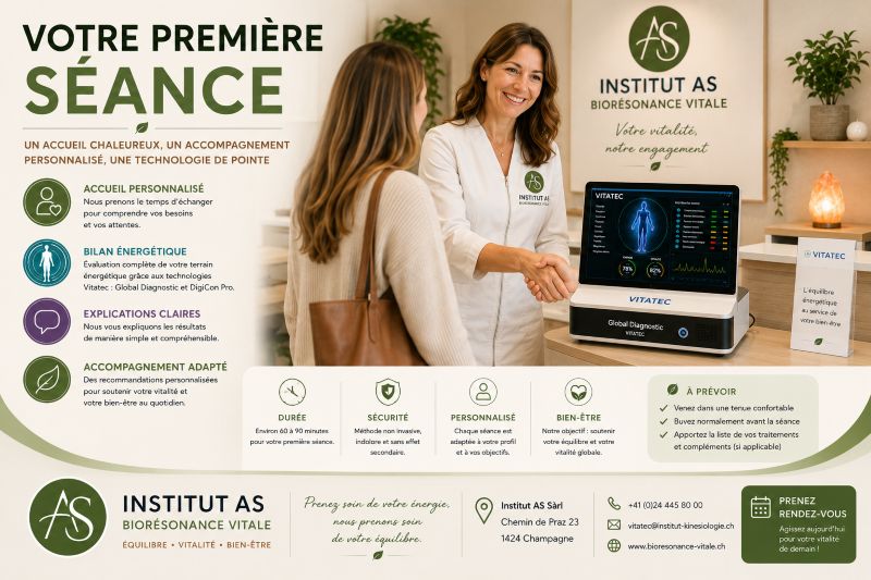 Première séance de biorésonance avec accueil personnalisé et bilan énergétique à l'Institut AS.