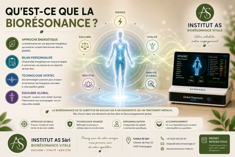 Illustration expliquant le principe de la biorésonance et du bilan énergétique avec la technologie Vitatec.