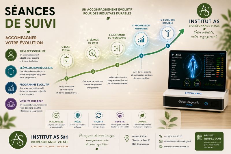 Séances de suivi en biorésonance avec accompagnement personnalisé et bilan énergétique évolutif.