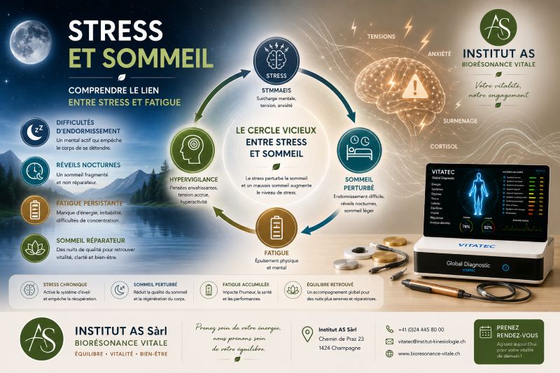 Illustration représentant le lien entre le stress, la fatigue et les troubles du sommeil.